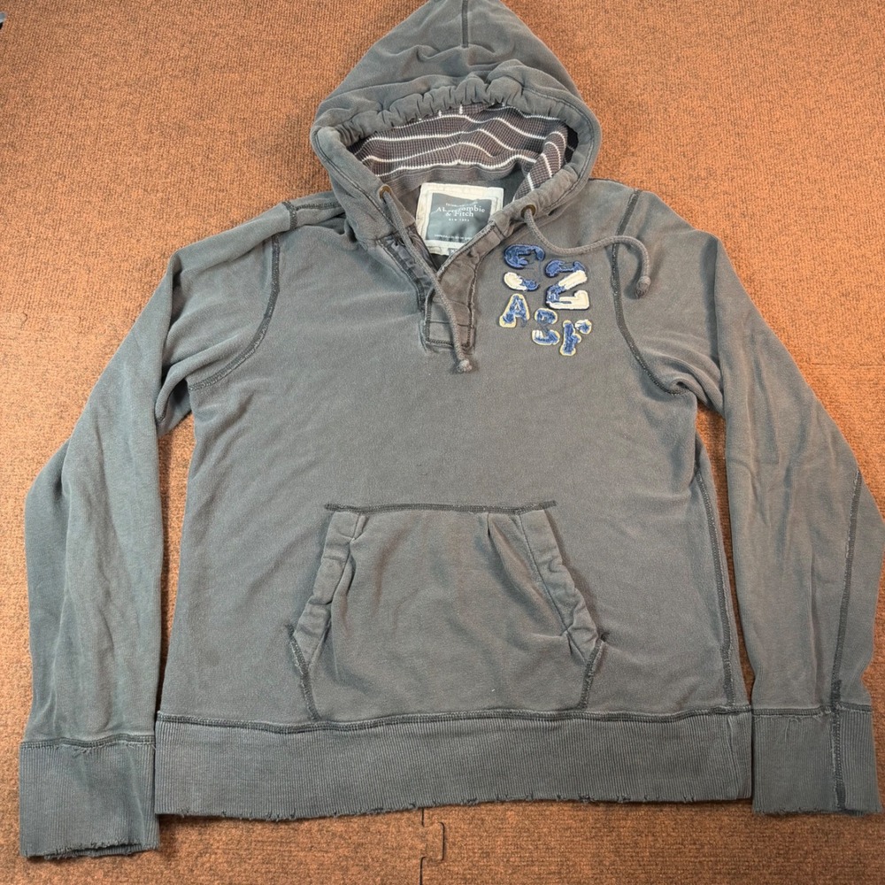 Abercrombie & Fitch Henley Hoodie Mens XXL Gray Pullover Applique Distressed